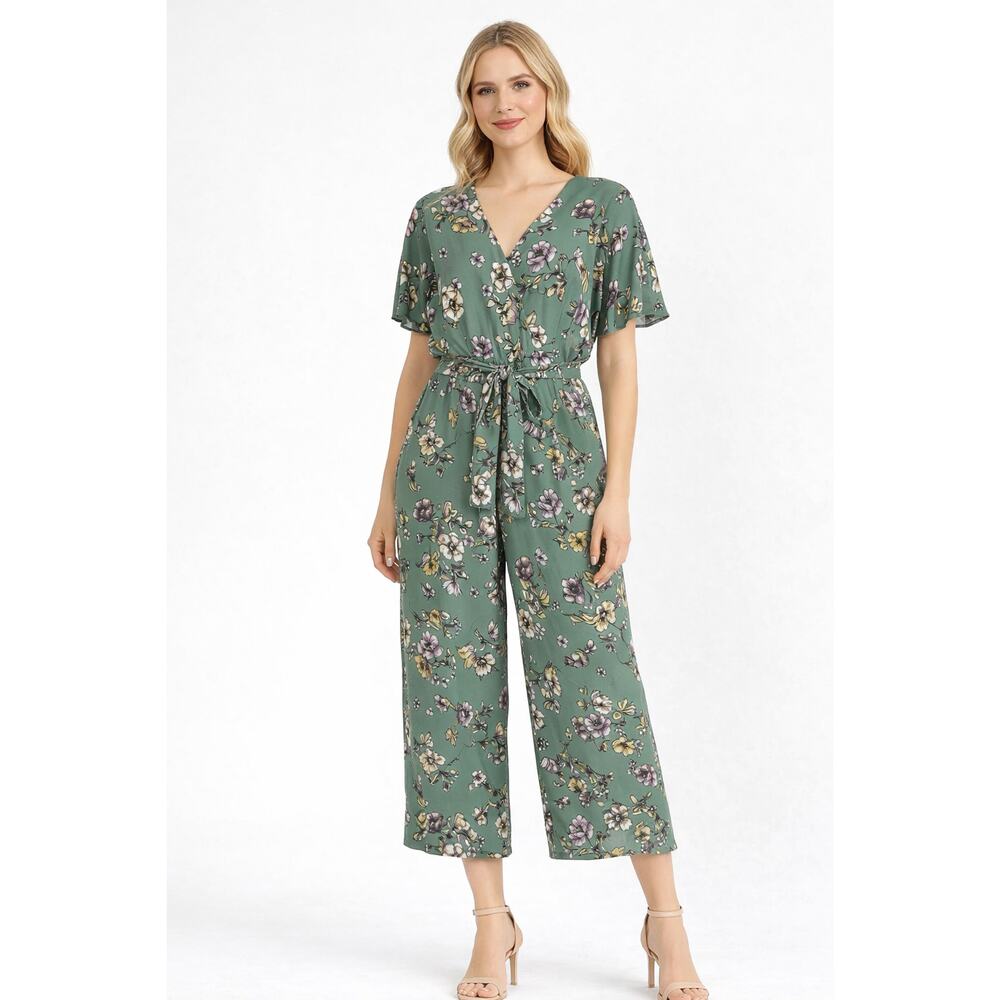 June & Hudson Womens Floral Cropped Jumpsuit V Neck Tie Waist Green Size Large